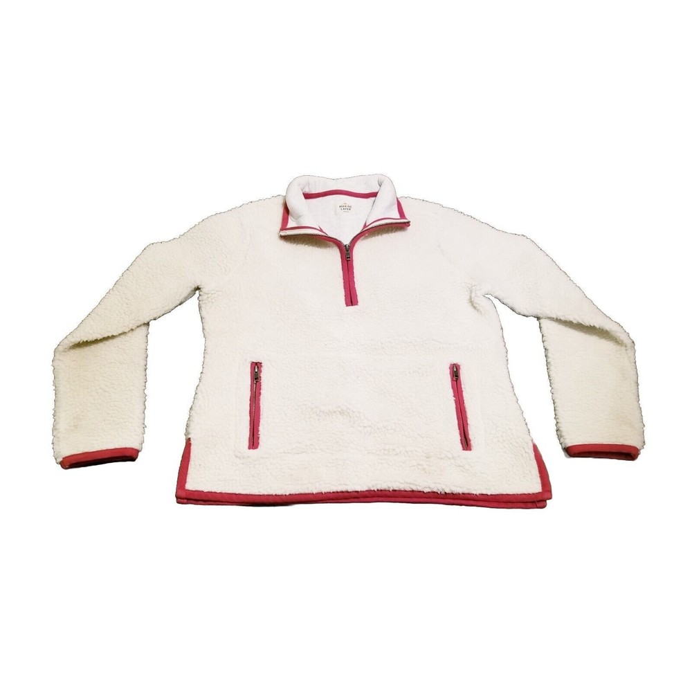 Marine Layer Sherpa Fleece Women's Size Medium Ivory Red Trim 1/4 Zip Pullover